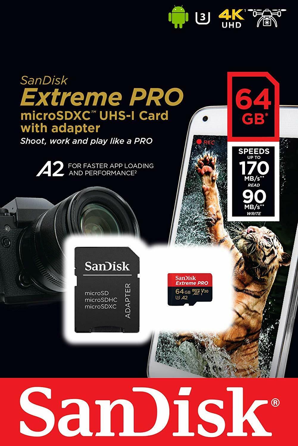 SanDisk 64GB Extreme Pro 170MB/s Micro SD MicroSDXC UHS-I U3 A2 V30 Memory Card