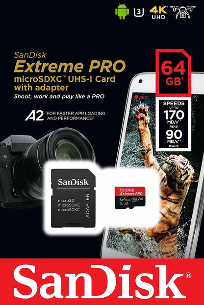 SanDisk 64GB Extreme Pro 170MB/s Micro SD MicroSDXC UHS-I U3 A2 V30 Memory Card