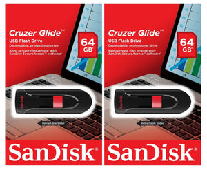 SanDisk 128GB (Set of 2x 64GB) Cruzer GLIDE USB Flash Pen Drive Sealed Retail Pk