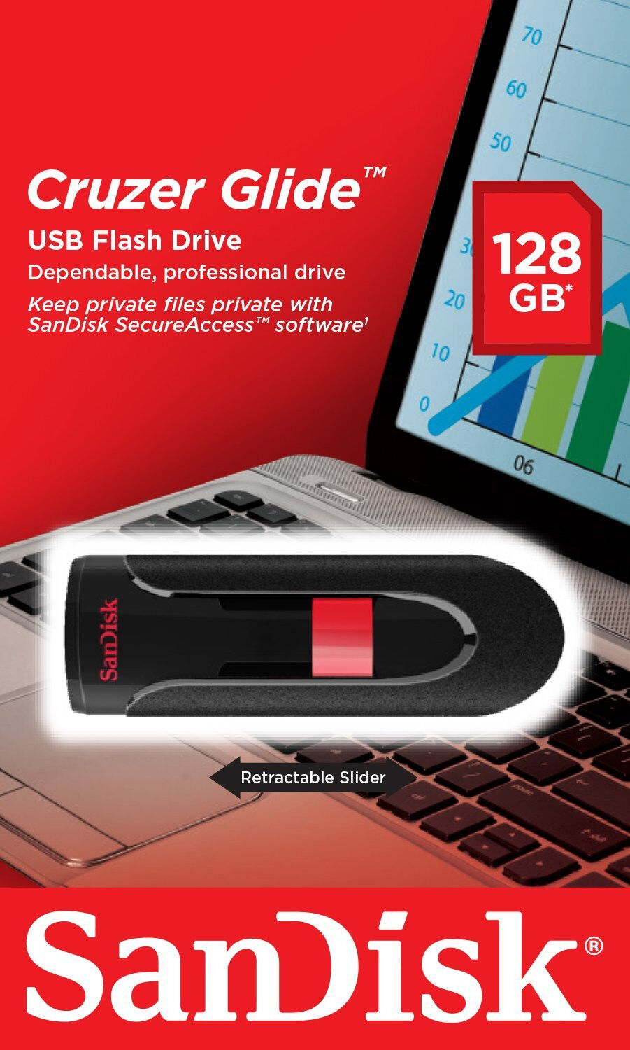 SanDisk 128GB Cruzer GLIDE USB Flash Pen Drive SDCZ60-128G-B35 Sealed Retail Pk