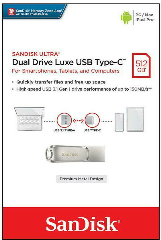 SanDisk 512GB Ultra Dual Drive Luxe USB Type-C Flash Drive SDDDC4-512G-G46