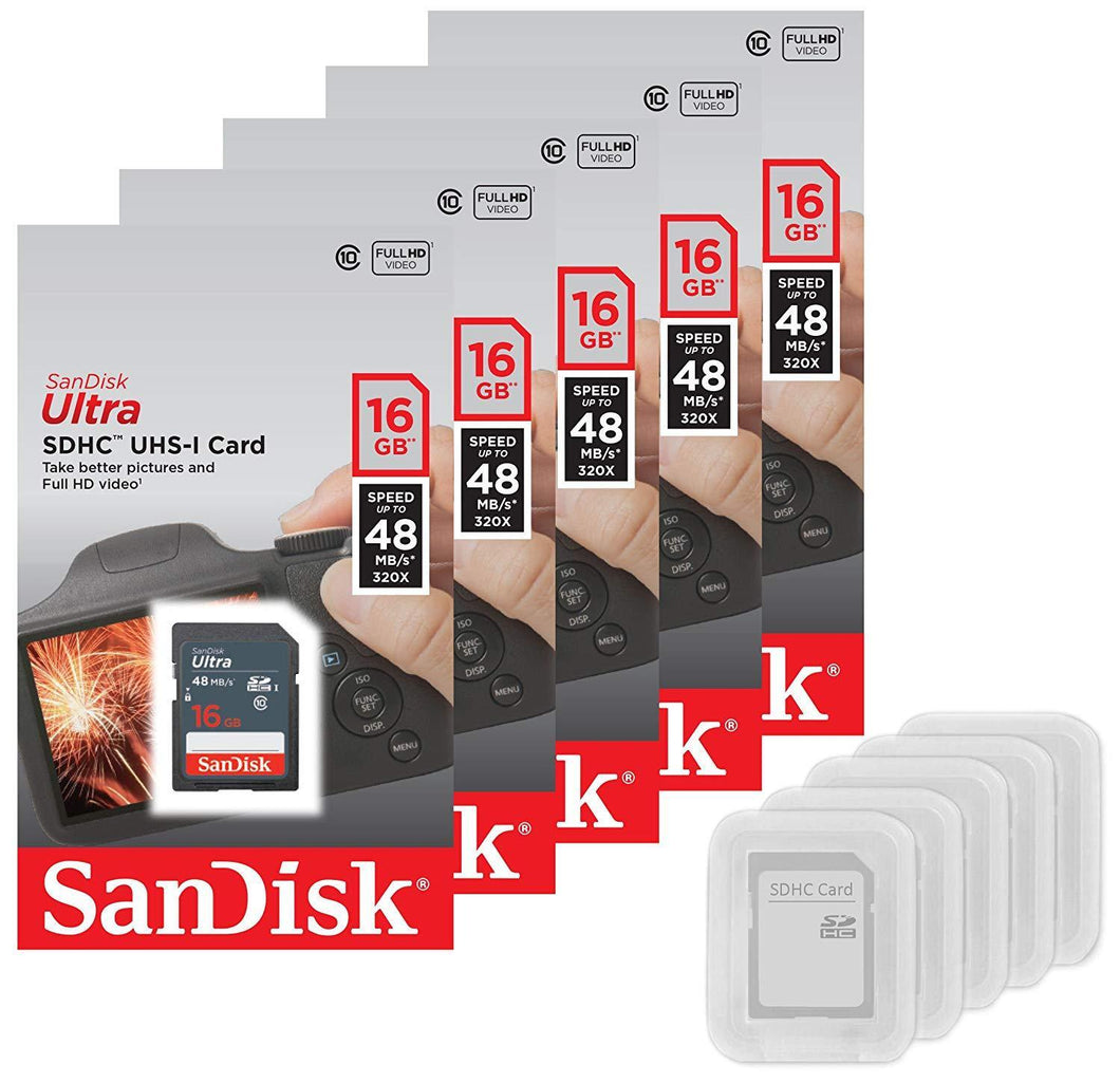 5 x SanDisk Ultra 16GB SDHC SDXC SD Class 10 Flash Memory Card Camera + Cases