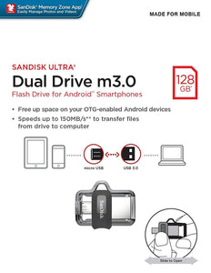SanDisk 128GB OTG Dual Ultra USB m3.0 Micro Flash Thumb Drive Memory SDDD3-128GB