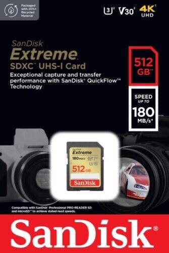 SanDisk 512GB Extreme 180MB/s Class 10 SD SDXC U3 4K Memory Card SDSDXVV-512G-GNCIN