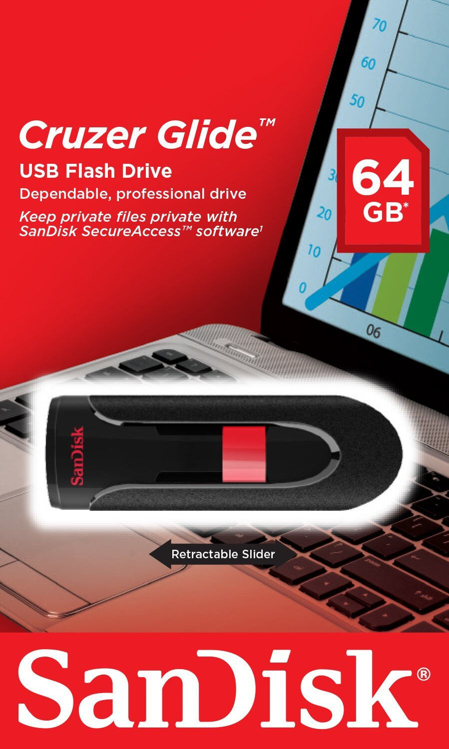 SanDisk 64GB Cruzer GLIDE USB Flash Pen Drive SDCZ60-064G-B35 Sealed Retail Pack