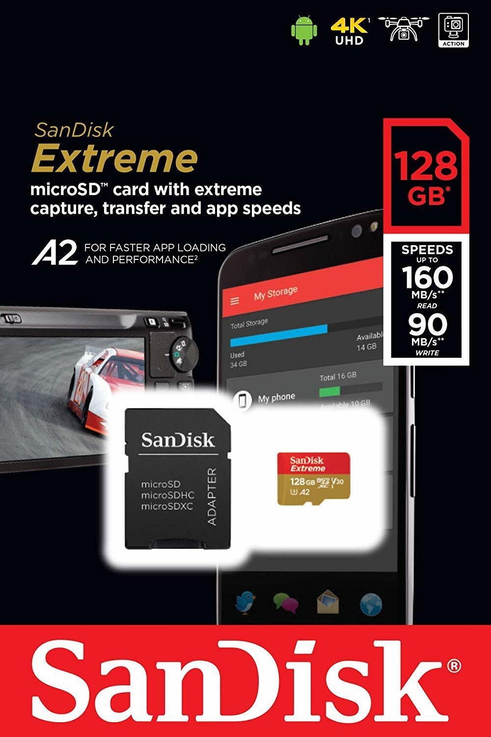 SanDisk Extreme 128GB 160MB/S Class 10 Micro SD MicroSDXC U3 Memory Card SDSQXA1