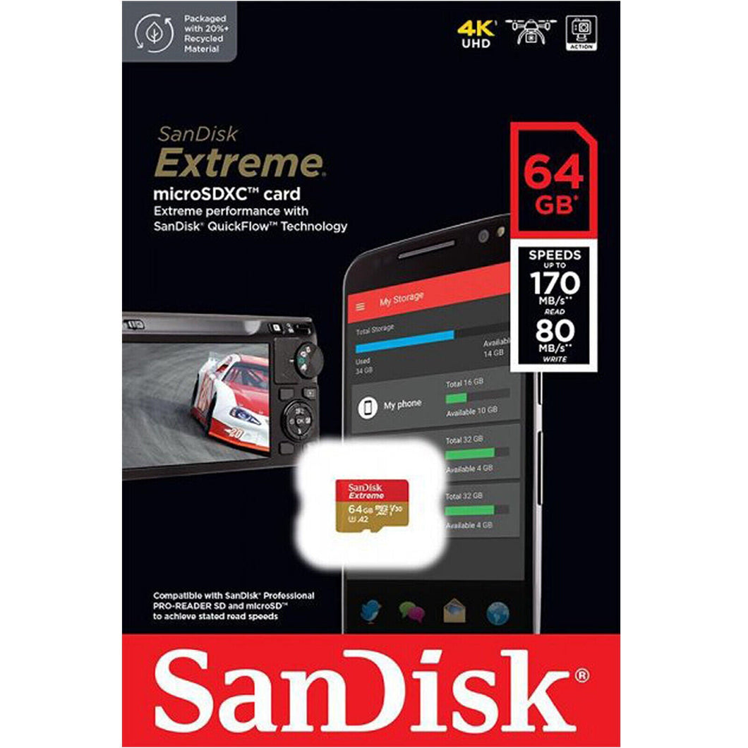 SanDisk Extreme 64GB UHS Class 3 V30 MicroSDXC Memory Card SDSQXAH-064G-GN6MN