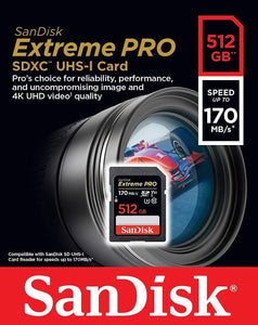 SanDisk 170MBs 512GB SDXC Extreme Pro UHS-I C10 U3 V30 512G SD Card SDSDXXY-512G
