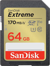 Load image into Gallery viewer, SanDisk 64GB Extreme SDXC 170MB/S U3 V30 4K SD Class 10 Memory Card SDSDXV2-064G