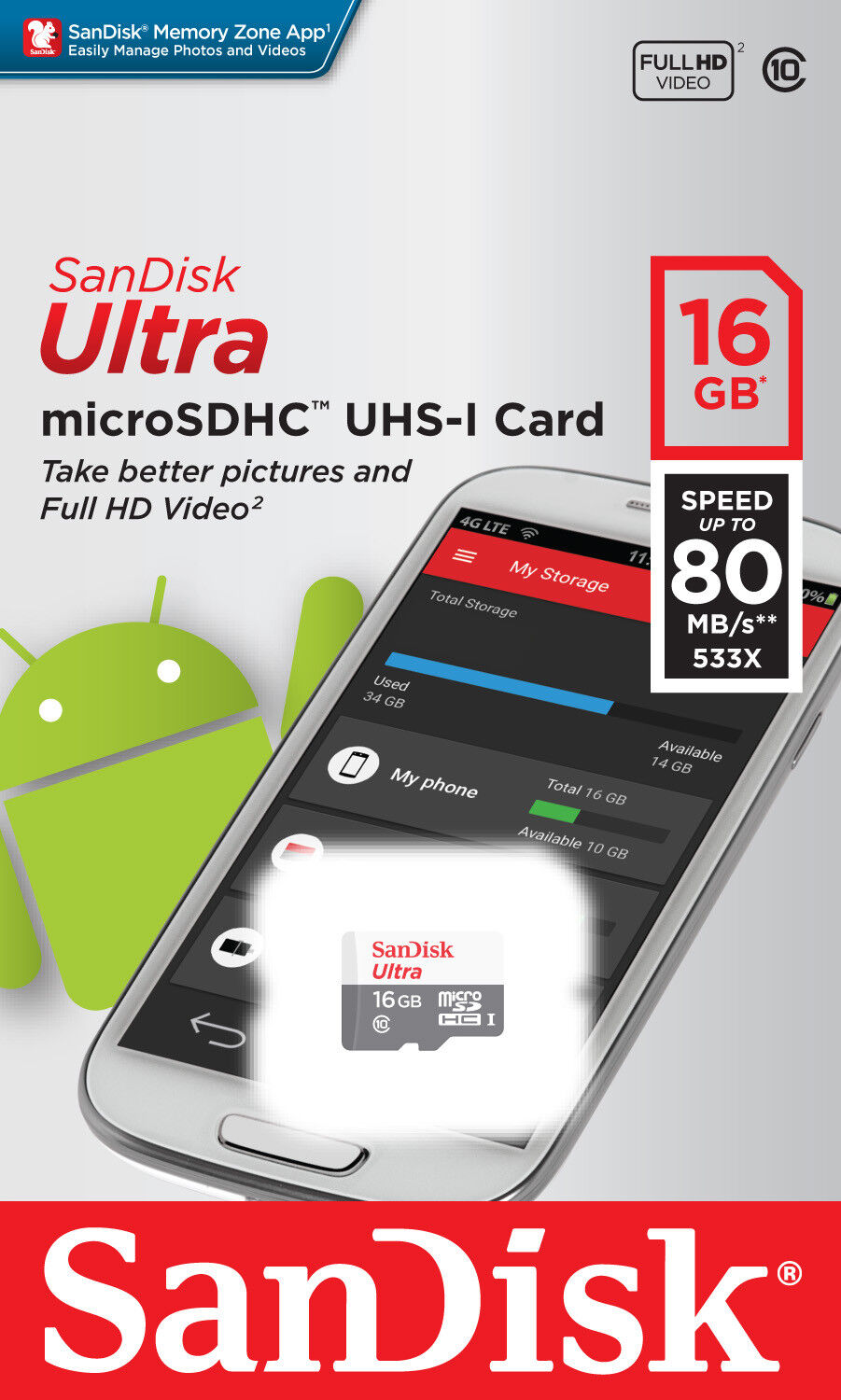 SanDisk 16GB 16G Ultra Micro SD HC Class 10 TF Flash SDHC Memory Card mobile