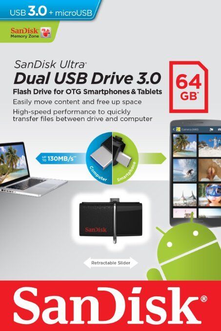 SanDisk 64GB OTG Dual Ultra USB 3.0 Micro Flash Thumb Drive Memory SDDD2-064G