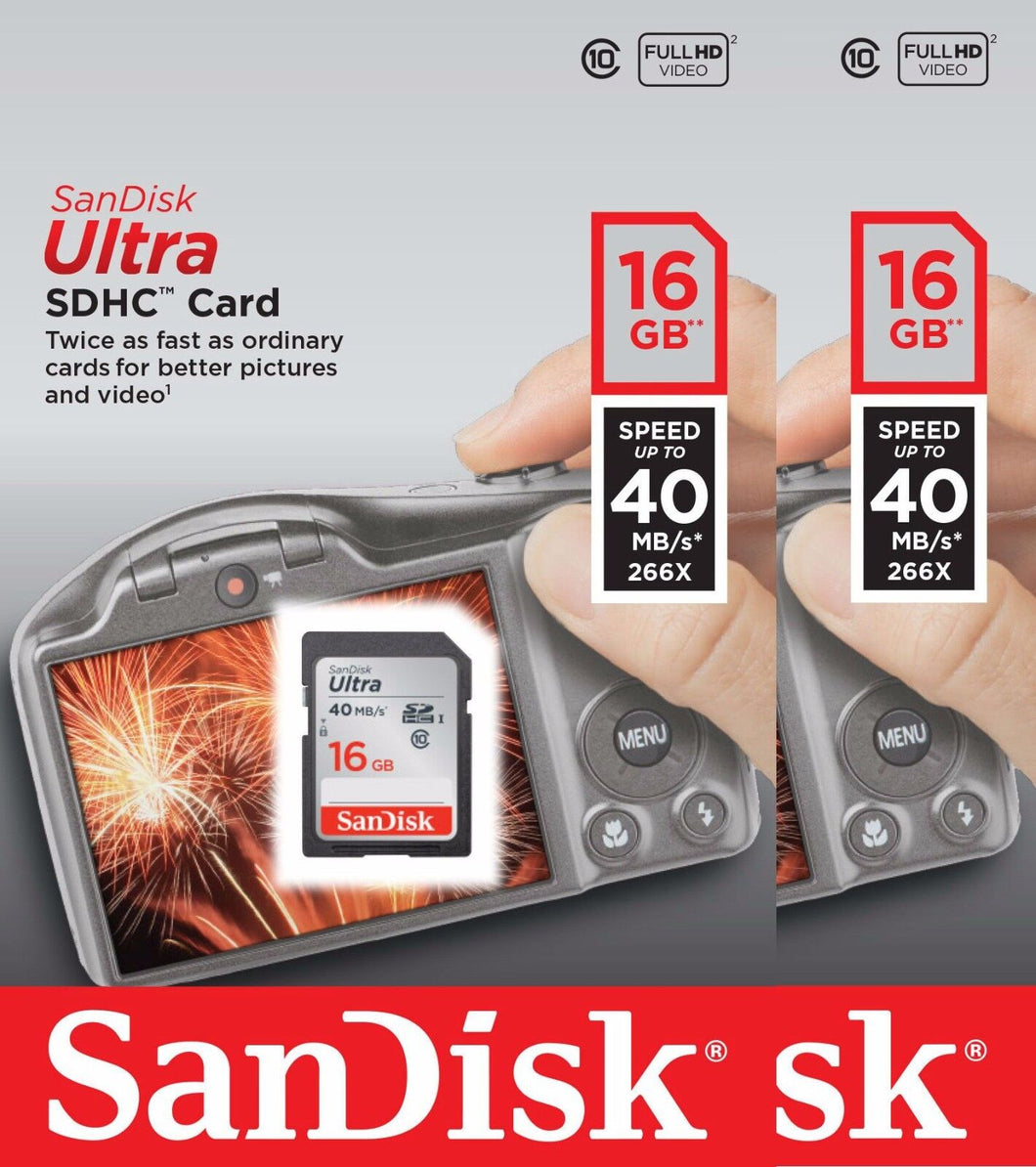 2 PACK SanDisk Ultra 16 GB (= 32GB ) SDHC SD Class 10 40MB/S 266X Card UHS-I HD