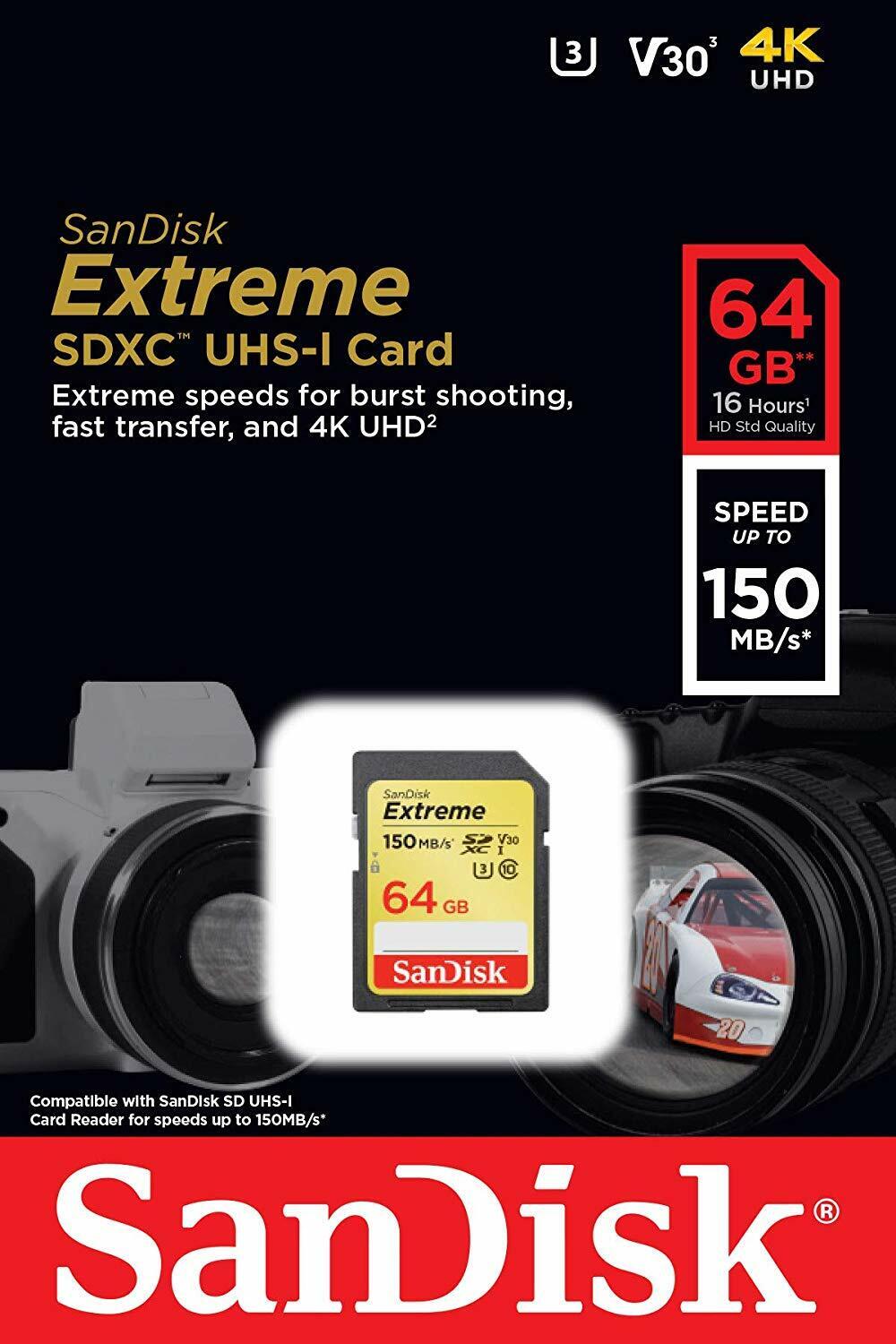 SanDisk 64GB Extreme SDXC 150MB/S U3 V30 4K SD Class 10 Memory Card SDSDXV6-064G
