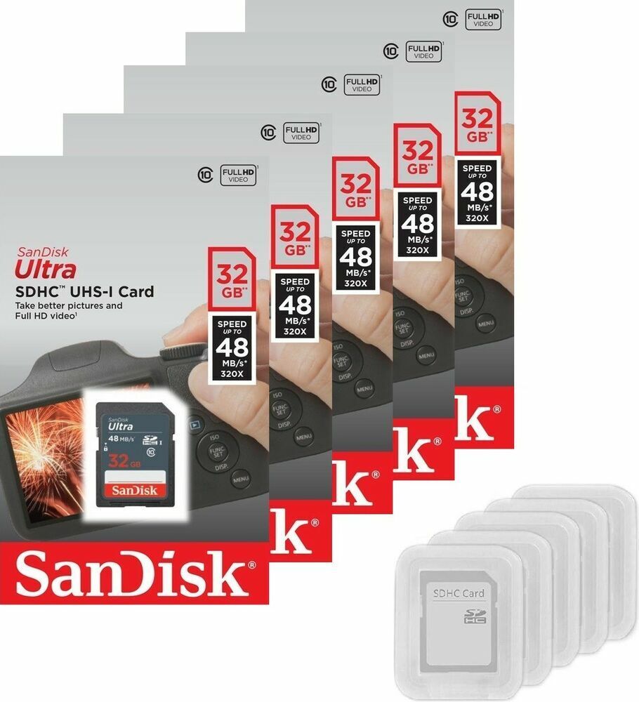 Lot of 5 SanDisk Ultra 32 GB SDHC SDXC Class 10 48MB/s Memory Card SDSDUNB-032G