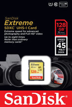 Load image into Gallery viewer, SanDisk 128GB Extreme SDHC SDXC SD Class 10 45MB/s UHS-I Memory Card Retail 128G