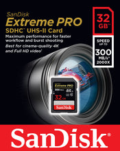 Load image into Gallery viewer, SanDisk 32GB SDHC Extreme Pro UHS-II U3 300MB/s 4K Class 10 SD Card Camera 2000x